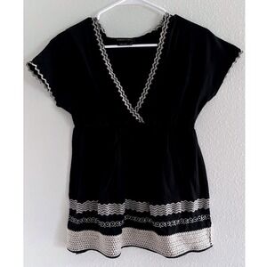 BCBG Top Womens Medium‎ Black Cream Babydoll Embroidered Y2K Vintage Preppy